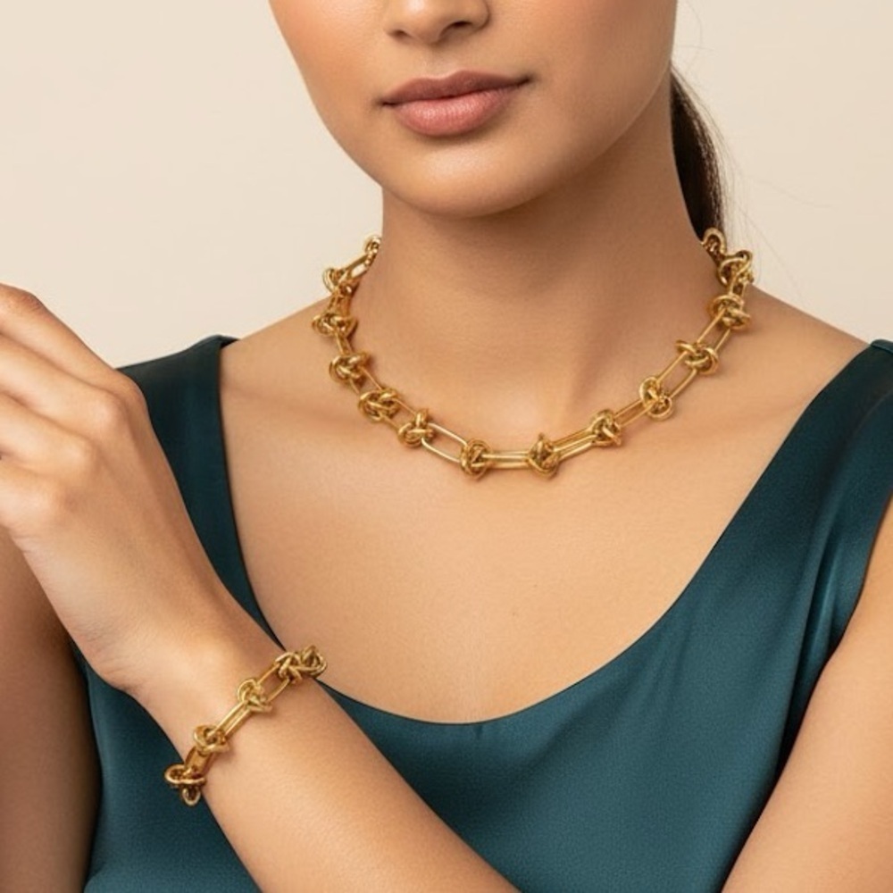18K Plated Gold Knot Chain chunky Necklace SET Stainless Steel womens jewelry